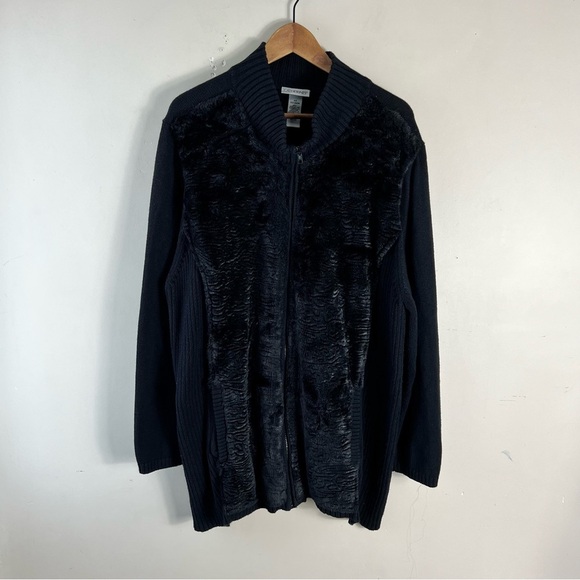 Catherines Black Zipped Faux Fur Front Plush Jacket Cardigan Sweater 2X 22/24 - Picture 1 of 8